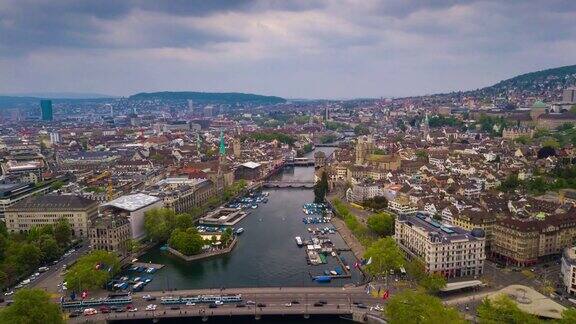 多云风暴天空天苏黎世城市景观河流航空全景4k时间流逝瑞士