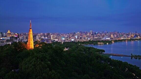 杭州夜景西湖鸟瞰图