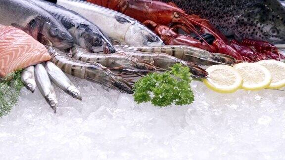4KUHD多莉左:各种豪华新鲜海鲜龙虾鲑鱼鲭小龙虾虾章鱼贻贝和扇贝在冰的背景新鲜冷冻海鲜冰和零售市场概念