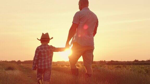 日落时分父亲牵着儿子的手走过田野