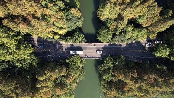 通过湖泊和树木区域的道路鸟瞰图