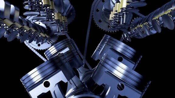 强大的3DV8发动机在运动阀门活塞和曲轴燃油喷射