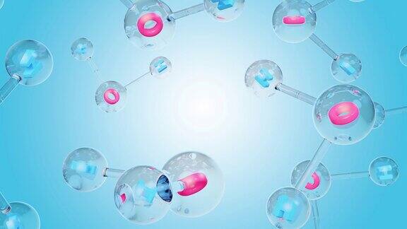 分子化学式H2O水分子呈粉红色和蓝色球棒化学结构模型概念科学或化妆品行业动画