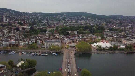 瑞士晚上时间苏黎世市著名的交通大桥航拍全景图4k