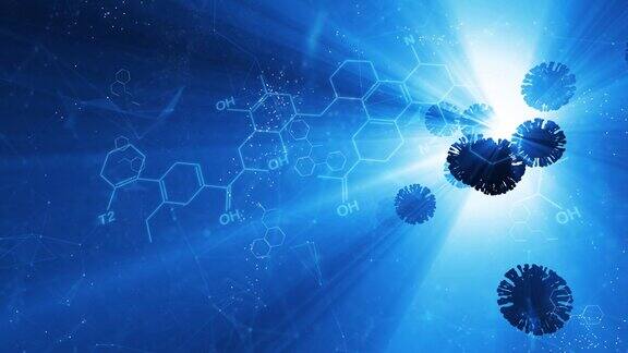 现代发光抽象化学分子动画复制空间亮蓝色背景与冠状病毒动画