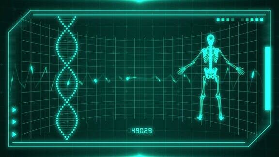 Aqua人体旋转头骨x射线参数扫描监视器屏幕中间3d发光动画头骨头部旋转DNA图标分析背景4k保健心灵参数人体