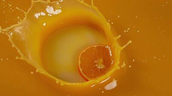 橙柑橘水果落入橙汁慢镜头