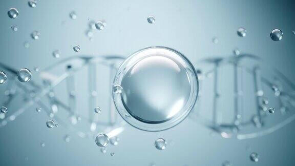 水泡沫化妆品精华液体滴在DNA科学背景3d动画