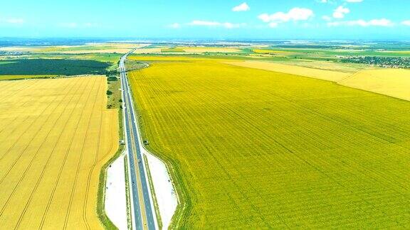 超宽航拍无人机下降在高速公路和向日葵小麦农田