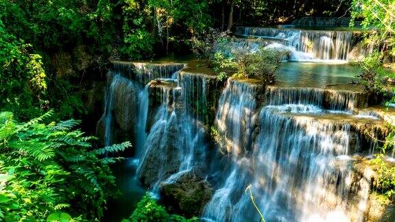 美丽的瀑布与绿色森林的时间流逝视频