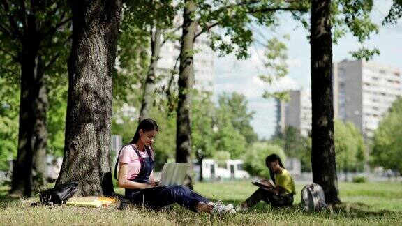 美丽的女学生坐在树下靠在树干上在笔记本电脑上打字在公园里另一个读着书的女大学生