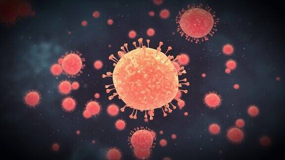 红色冠状病毒细胞在黑色背景下的3D渲染