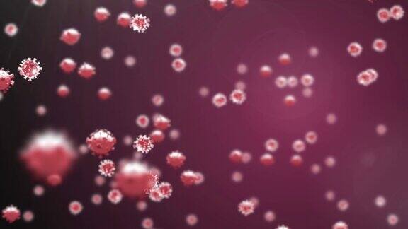 红色背景上漂浮的covid-19细胞动画