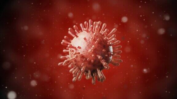 特写微纳病毒红色与红色背景3d动画4k(Covid-19)