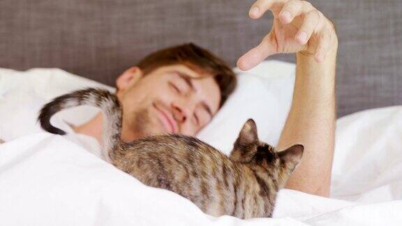 快乐的年轻人躺在床上玩他的虎斑猫4K4K