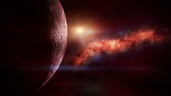 动画的月亮接近观众与一个大明亮的星星闪烁在红色星云的背景