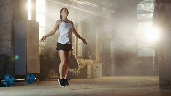 体育美女在健身房用跳绳锻炼她在激烈的交叉健身训练中汗流浃背
