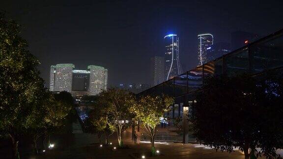 杭州市区夜景时间照亮了著名的现代建筑广场顶全景4k中国