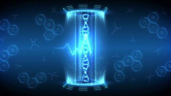 DNA螺旋分子环动画DNA染色体数字技术的全息元素医疗信息高科技未来设计