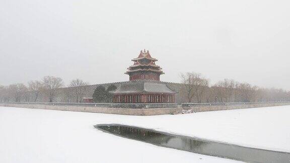 北京紫禁城角楼在雪中