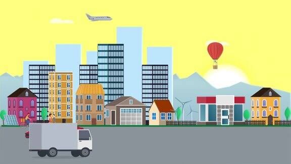 城市景观城市生活与交通和人口的动画卡通