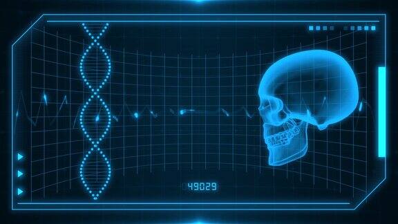 人脑Dna颅骨x射线参数扫描监视器屏幕中间3d发光动画颅骨头部旋转Dna图标分析背景4k保健人脑参数