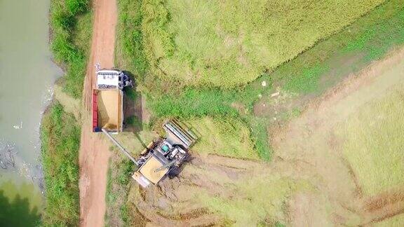 航拍图拖拉机在收获的田地在泰国