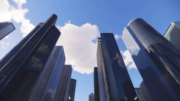 高层摩天大楼和玻璃办公大楼之间的3d动画抽象的3D白色城市的顶部接近高度和距离