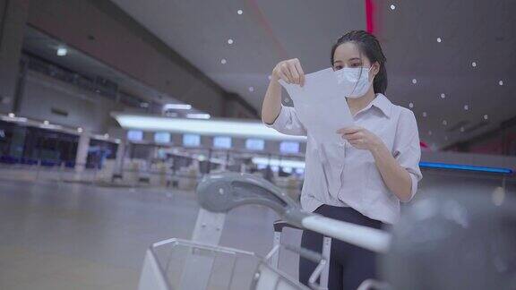 亚洲年轻女性戴着口罩检查机票旅行行程预定文件在空空如也的机场候机楼女士独自旅行前台推着行李车只有一名女性