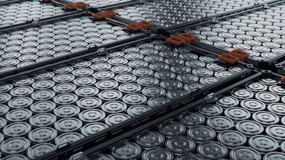 电动汽车电池堆在模块内的特写汽车工业用大容量电池电动汽车或混合动力汽车用锂离子高压电池组