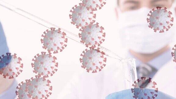 新冠病毒细胞的动画男性科学家戴着口罩与试管
