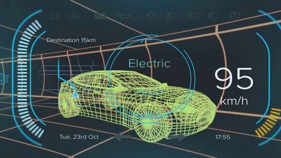 动画速度计gps和充电状态数据的混合动力车界面超过三维汽车模型