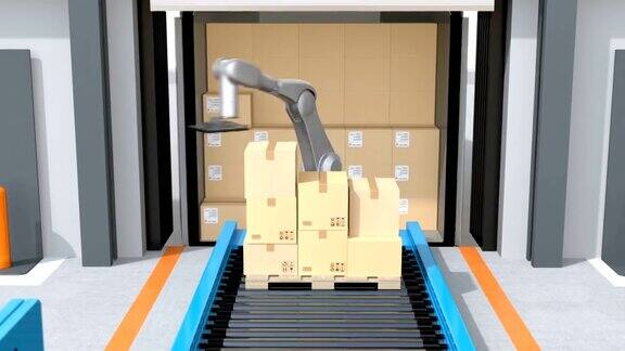 工业机器人从半卡车上卸载包裹