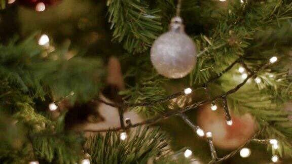 猫在树上玩圣诞球的特写
