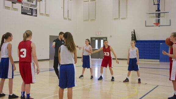 一个年轻人正在执教女子篮球队