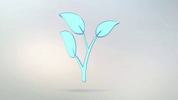 植物图标是玻璃做的透明旋转植物图标与阿尔法通道蓝绿色无缝循环符号3D图形