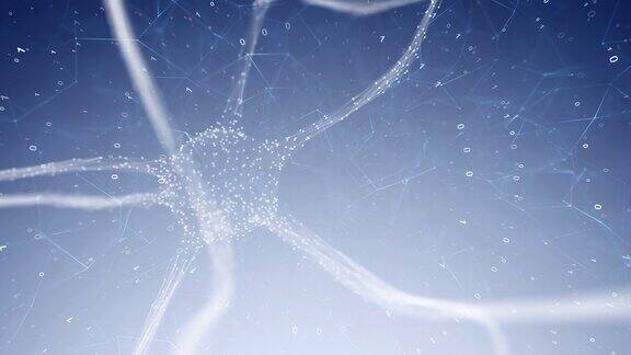 摘要大脑中蓝色神经元细胞的动画以亮蓝色二进制数为运动背景