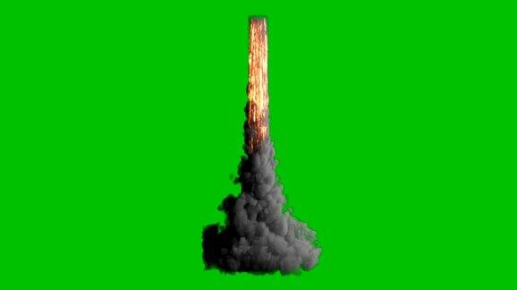 爆炸的火焰、烟雾和火花就像喷气机或火箭发动机燃烧燃料在绿色屏幕上释放出大量的烟雾