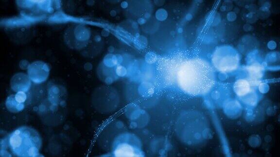 模糊的神经元细胞在蓝色闪光的圆形散景背景