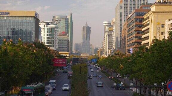 日落时分杭州市区交通街道著名摩天大楼全景步行桥慢镜头4k中国
