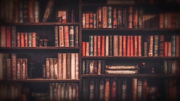 棕色书籍的书架档案复古图书馆变焦