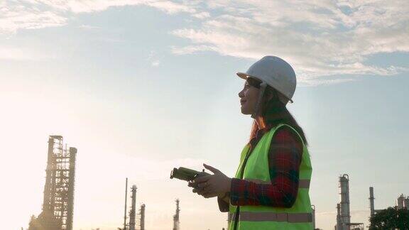 在土木工程项目中亚洲女工程师在日出时操控无人机在炼油厂上空进行建筑工地勘测