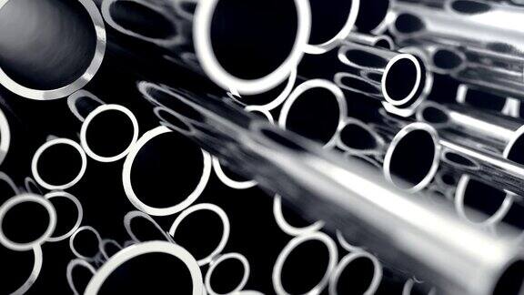 金属管道堆放具有选择性聚焦效果的闪光金属钢管堆
