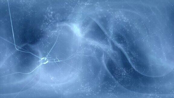 发光透明闪烁的神经元细胞在大脑动画上模糊的蓝色复制空间动画背景