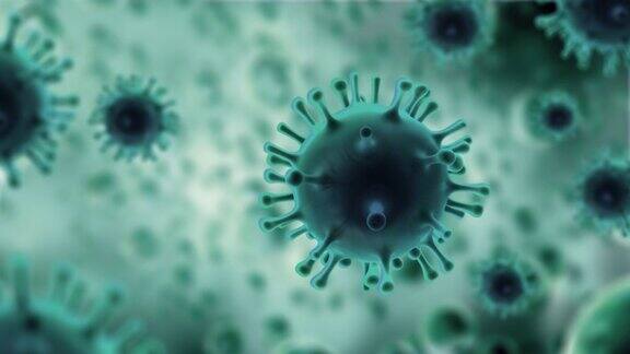 冠状病毒COVID-19的3D渲染显微镜视图