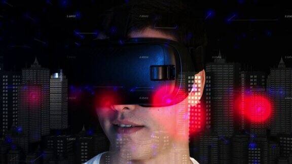 微笑的年轻人戴着VR头戴体验虚拟现实