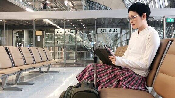 一名亚洲女性在机场候机厅使用平板电脑