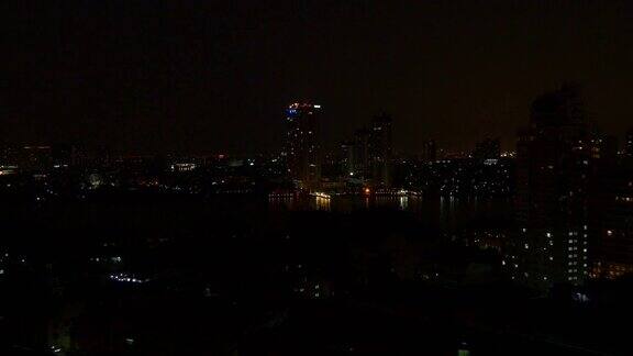 夜光曼谷城市景观酒店屋顶滨江湾全景4k泰国