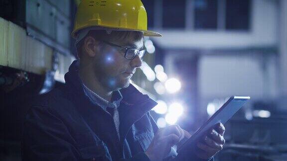 眼镜和安全帽技师在工业环境中使用平板电脑