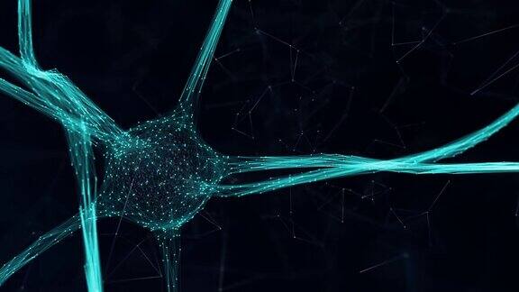 概念的青蓝色神经元细胞在黑色运动背景与线点和二进制数